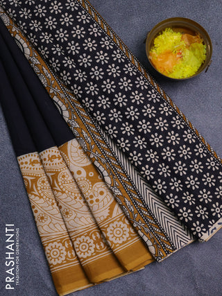 Jaipur cotton saree black and mustard yellow with plain body and long printed border