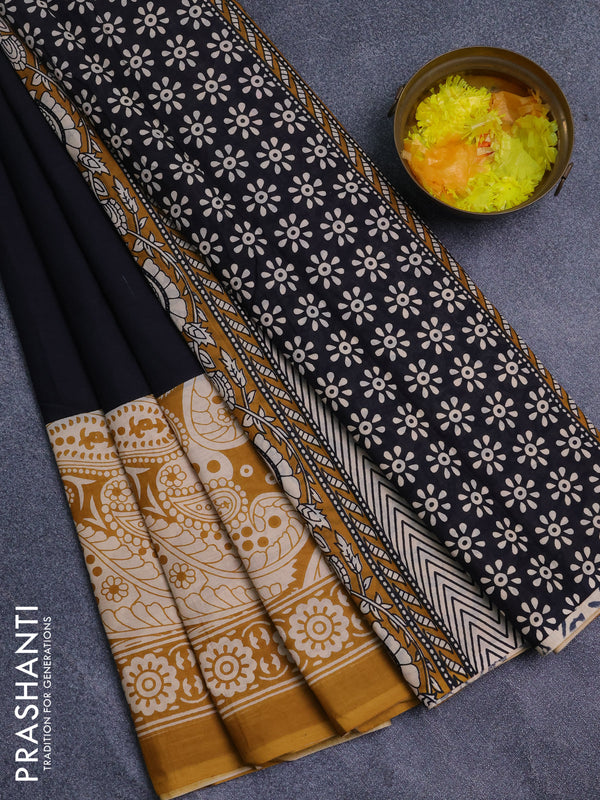 Jaipur cotton saree black and mustard yellow with plain body and long printed border