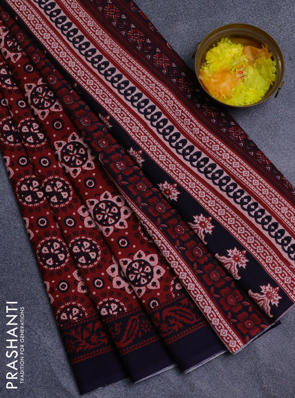 Jaipur cotton saree maroo and black with allover prints and printed border