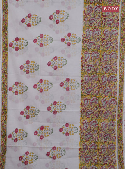 Jaipur cotton saree yellow and off white with allover paisely prints and printed border