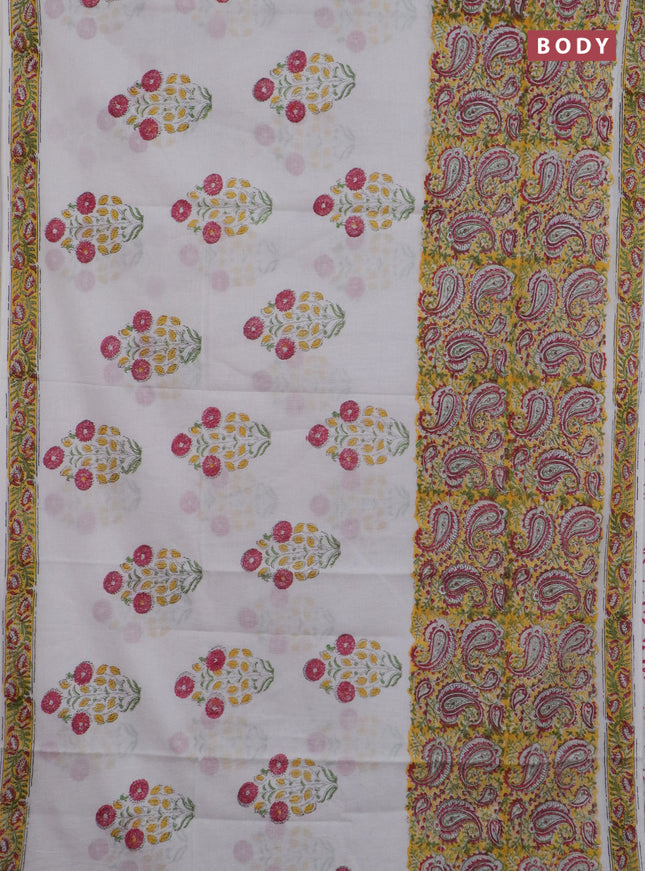 Jaipur cotton saree yellow and off white with allover paisely prints and printed border