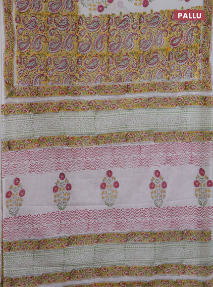 Jaipur cotton saree yellow and off white with allover paisely prints and printed border