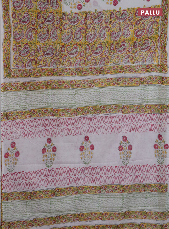 Jaipur cotton saree yellow and off white with allover paisely prints and printed border