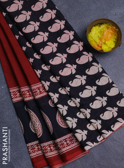 Jaipur cotton saree maroon and black with plain body and long printed border
