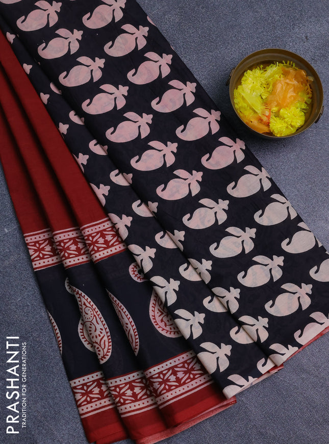 Jaipur cotton saree maroon and black with plain body and long printed border