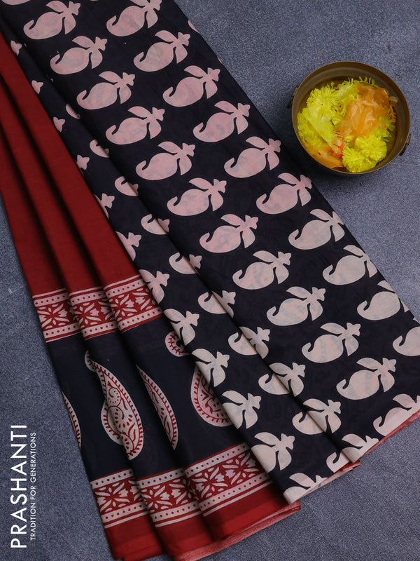 Jaipur cotton saree maroon and black with plain body and long printed border