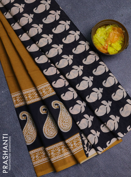 Jaipur cotton saree mustard yellow and black with plain body and long printed border