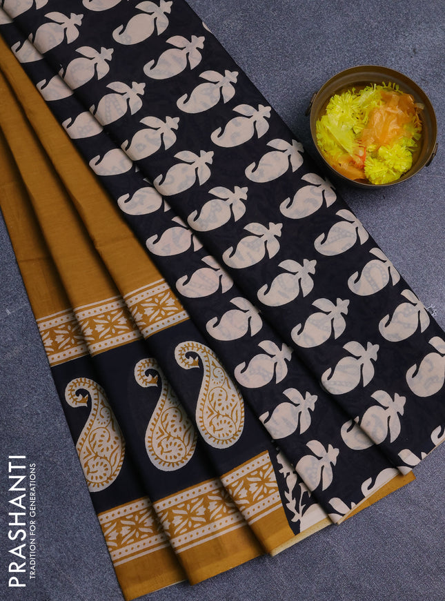 Jaipur cotton saree mustard yellow and black with plain body and long printed border