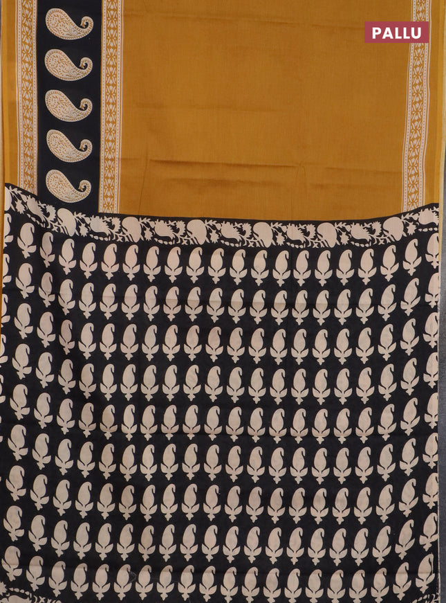 Jaipur cotton saree mustard yellow and black with plain body and long printed border