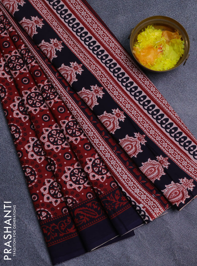 Jaipur cotton saree maroon and navy blue with allover butta prints and printed border