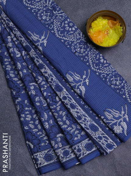 Jaipur cotton saree blue with allover prints & thread weaves and printed border
