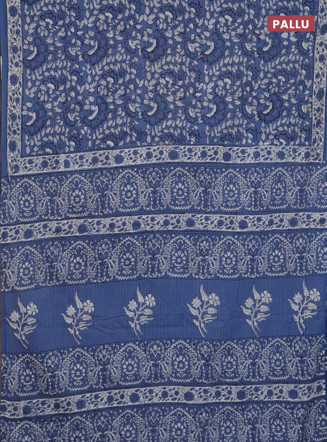 Jaipur cotton saree blue with allover prints & thread weaves and printed border