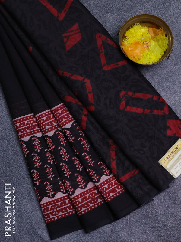 Jaipur cotton saree black and maroon with allover batik prints and long printed border