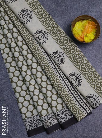 Jaipur cotton saree mehendi green and black with allover geomatric prints and printed border