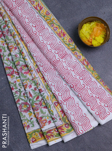 Jaipur cotton saree light green and off white with allover prints and printed border