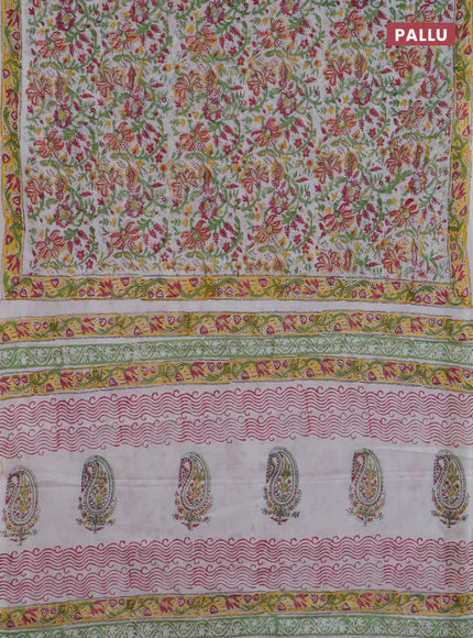 Jaipur cotton saree light green and off white with allover prints and printed border