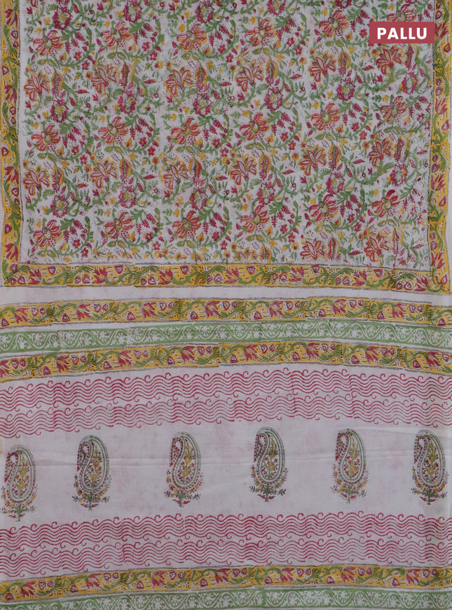 Jaipur cotton saree light green and off white with allover prints and printed border