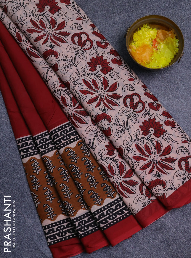 Jaipur cotton saree maroon and black with plain body and printed border