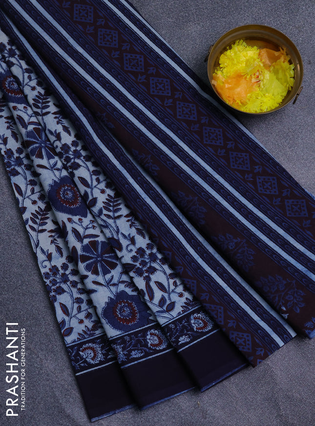 Jaipur cotton saree navy blue with allover prints and printed border