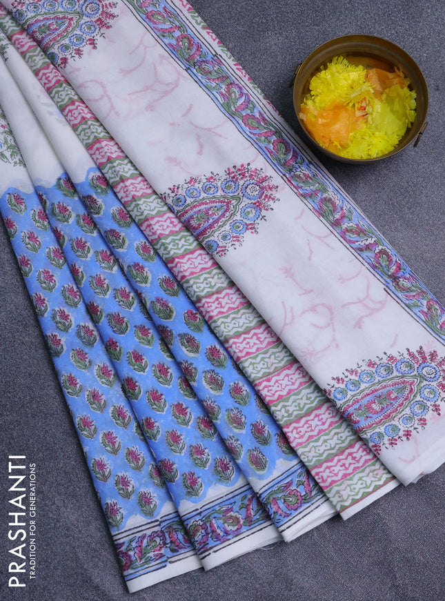 Jaipur cotton saree off white and blue with allover butta prints and printed border