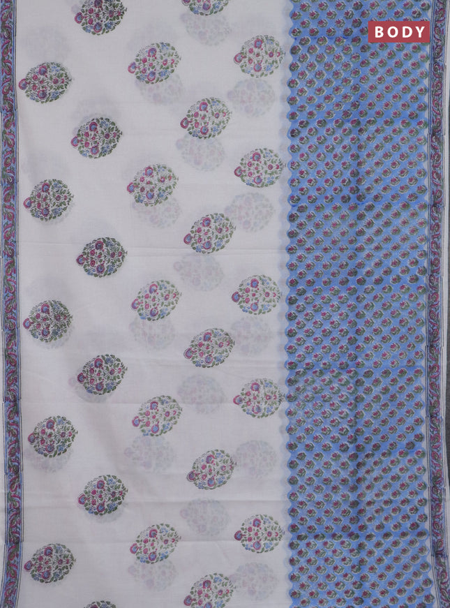 Jaipur cotton saree off white and blue with allover butta prints and printed border