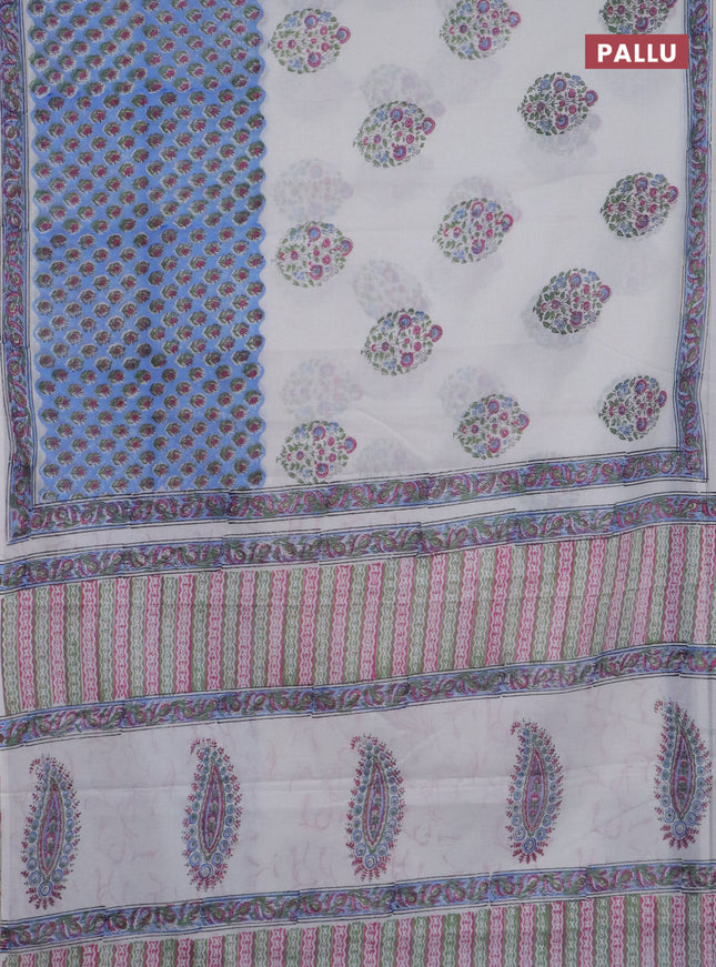Jaipur cotton saree off white and blue with allover butta prints and printed border