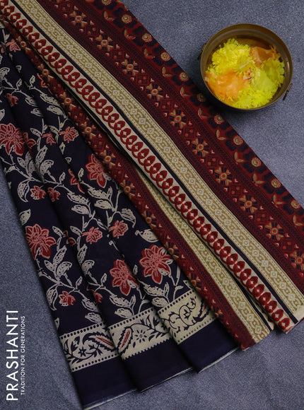 Jaipur cotton saree navy blue with allover prints and printed border