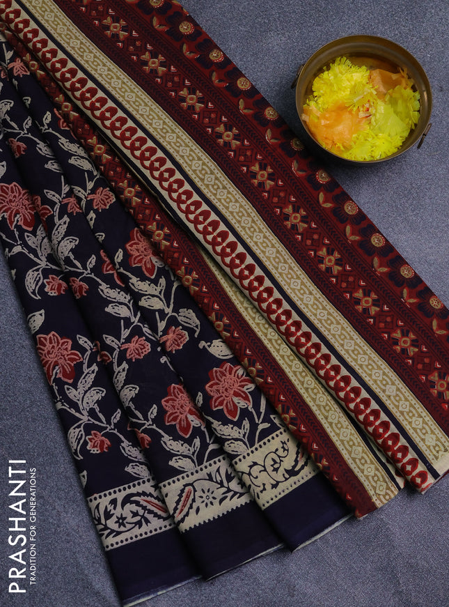 Jaipur cotton saree navy blue with allover prints and printed border