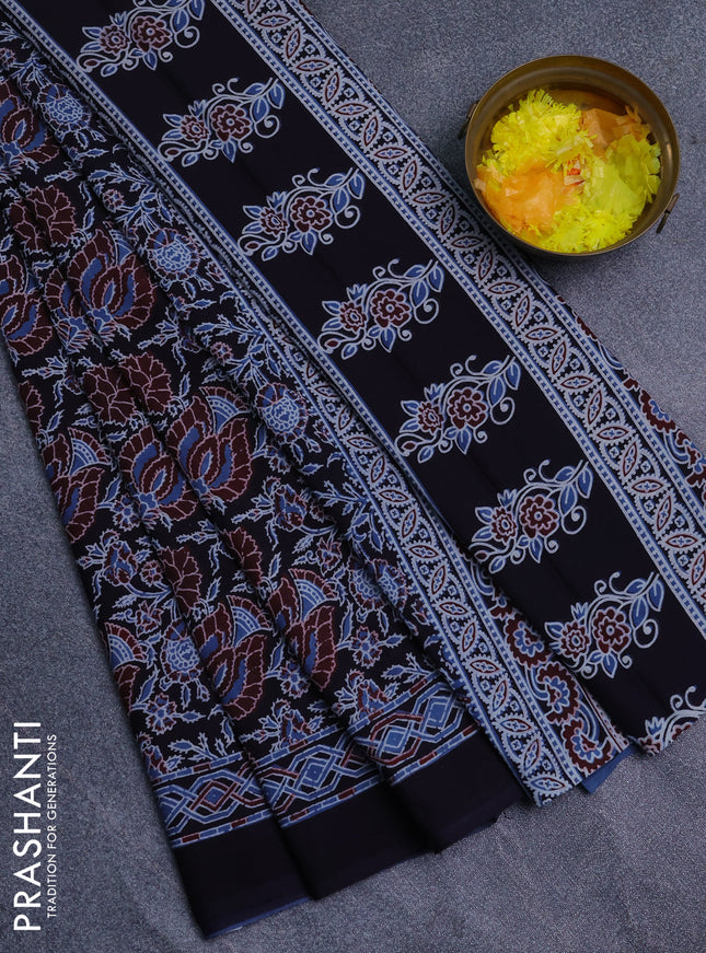 Jaipur cotton saree black and blue with allover prints and printed border