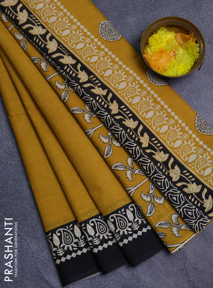 Jaipur cotton saree mustard yellow and black with allover prints and printed border