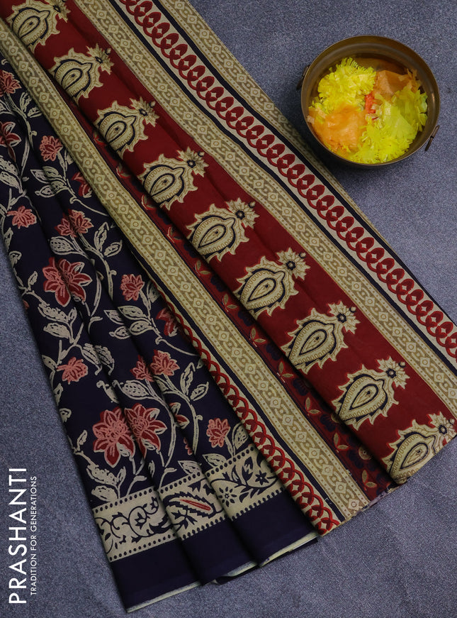 Jaipur cotton saree navy blue with allover prints and printed border