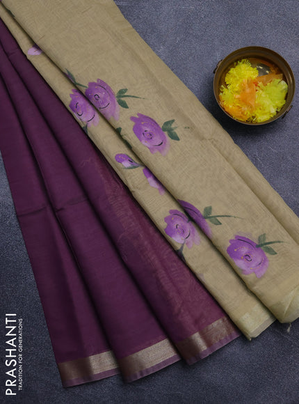 Linen cotton saree purple and sandal with plain body and hand painted pallu