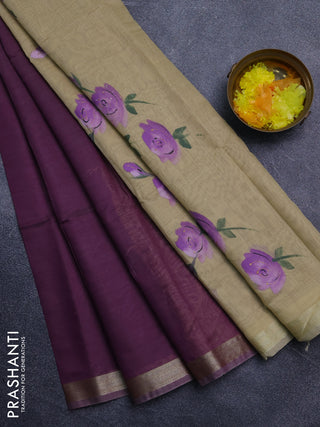 Linen cotton saree purple and sandal with plain body and hand painted pallu