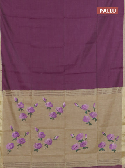 Linen cotton saree purple and sandal with plain body and hand painted pallu