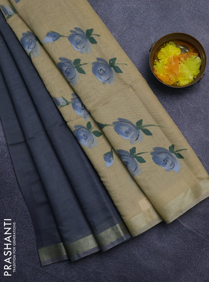 Linen cotton saree grey and beige with plain body and hand painted pallu