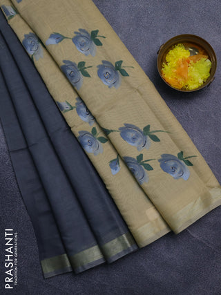 Linen cotton saree grey and beige with plain body and hand painted pallu