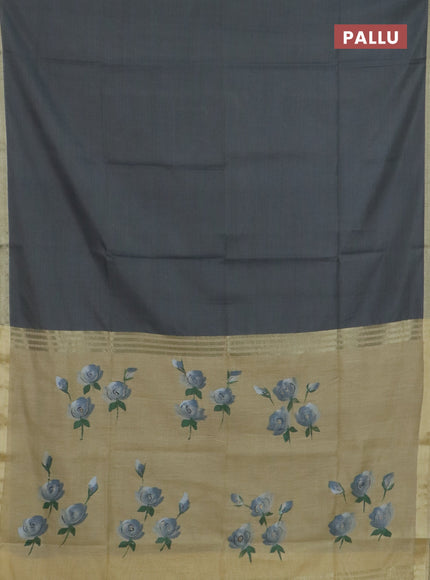 Linen cotton saree grey and beige with plain body and hand painted pallu