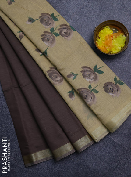 Linen cotton saree dark beige and sandal with plain body and hand painted pallu