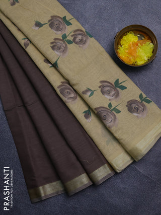 Linen cotton saree dark beige and sandal with plain body and hand painted pallu