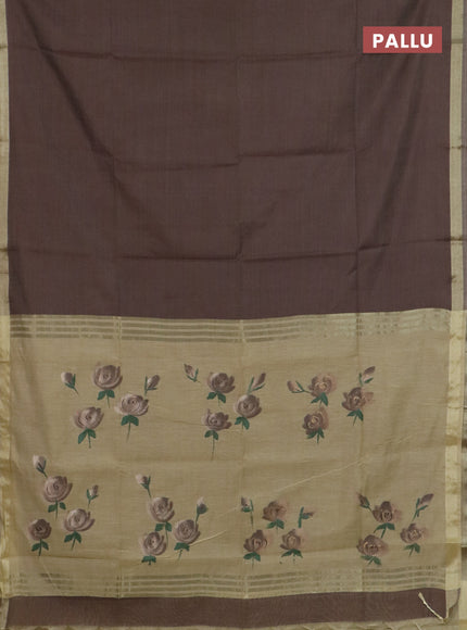 Linen cotton saree dark beige and sandal with plain body and hand painted pallu