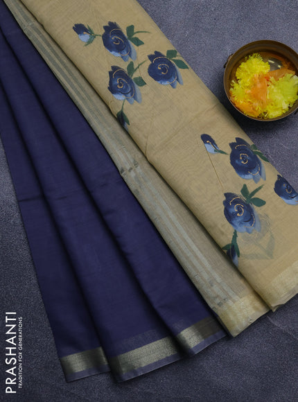Linen cotton saree navy blue and sandal with plain body and hand painted pallu