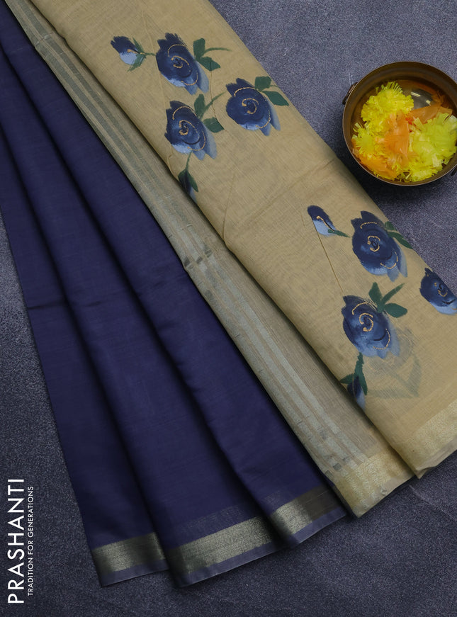 Linen cotton saree navy blue and sandal with plain body and hand painted pallu