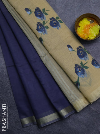 Linen cotton saree navy blue and sandal with plain body and hand painted pallu