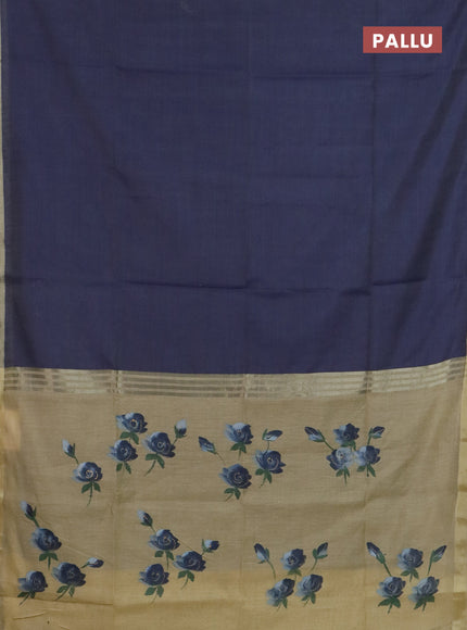 Linen cotton saree navy blue and sandal with plain body and hand painted pallu