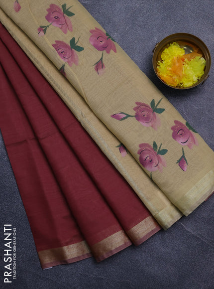 Linen cotton saree maroon and sandal with plain body and hand painted pallu