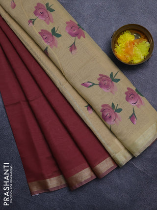 Linen cotton saree maroon and sandal with plain body and hand painted pallu