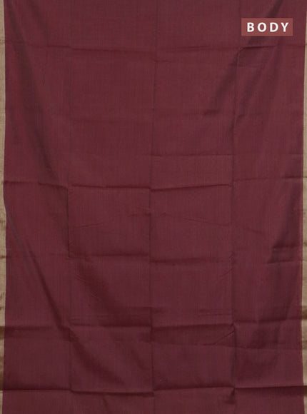 Linen cotton saree maroon and sandal with plain body and hand painted pallu