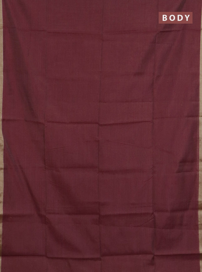Linen cotton saree maroon and sandal with plain body and hand painted pallu