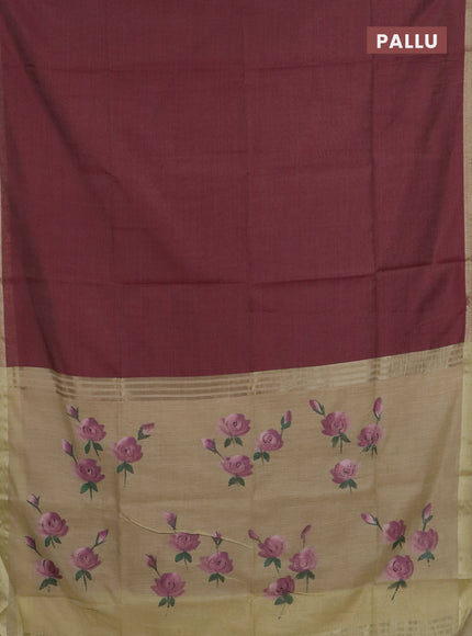 Linen cotton saree maroon and sandal with plain body and hand painted pallu