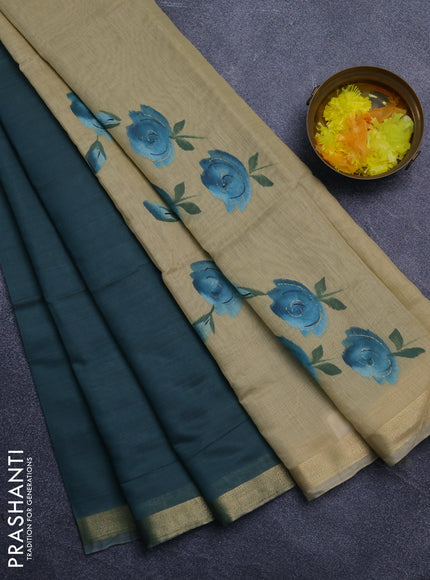 Linen cotton saree teal blue and sandal with plain body and hand painted pallu